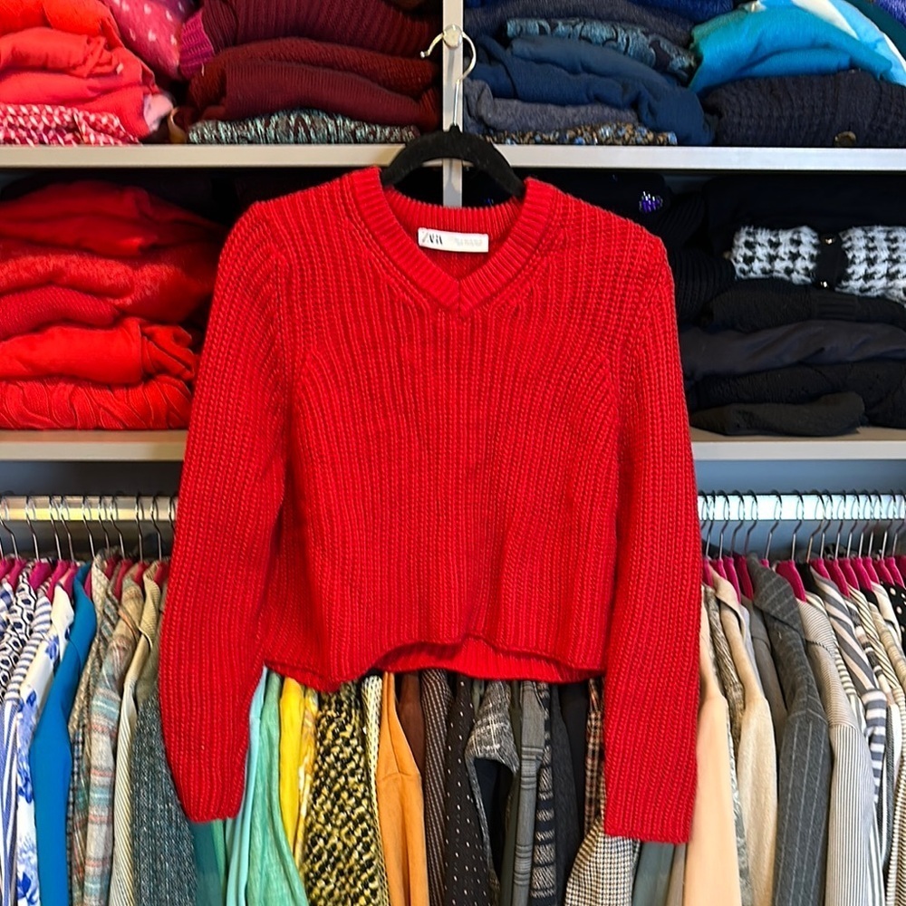 Zara red long sleeve v neck sweater size XS